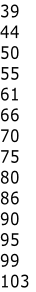 39
44
50
55
61
66
70
75
80
86
90
95
99
103
